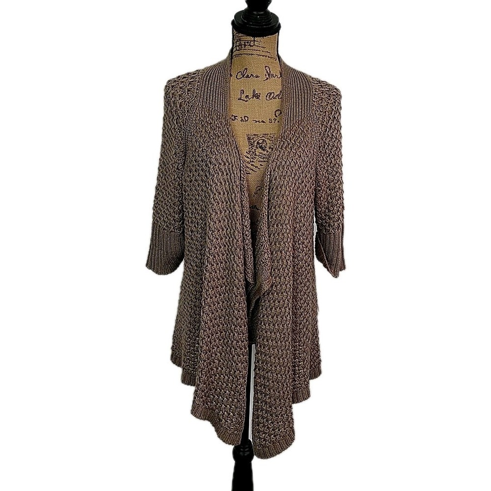 Chicos‎ Open Front Knit Cardigan Taupe Boho Layering Coastal Sweater sz 1 US S
